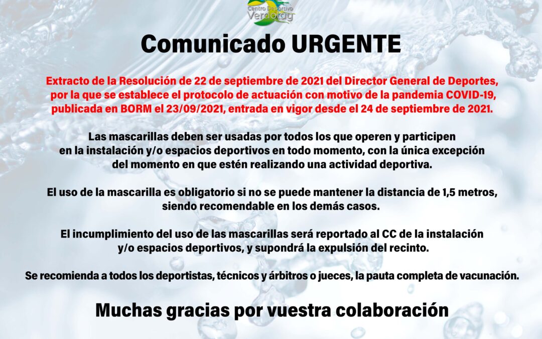 Nuevo comunicado Covid-19 sobre el uso de mascarillas en el Centro Deportivo