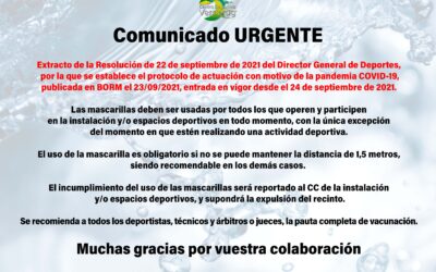 Nuevo comunicado Covid-19 sobre el uso de mascarillas en el Centro Deportivo